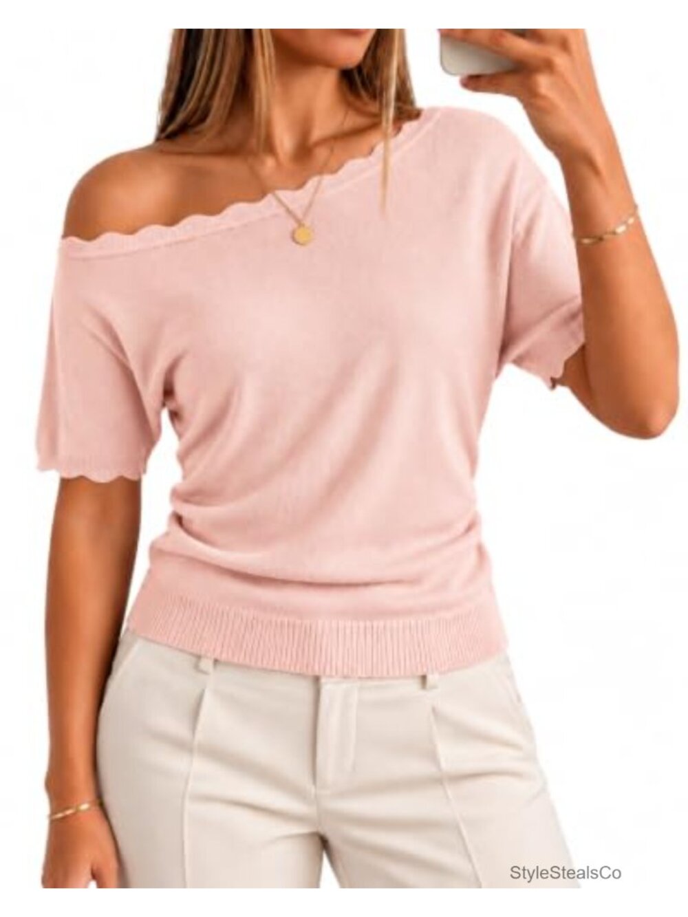 Off Shoulder Knit Sweater Top Short Sleeve Scalloped Ruched Pullover